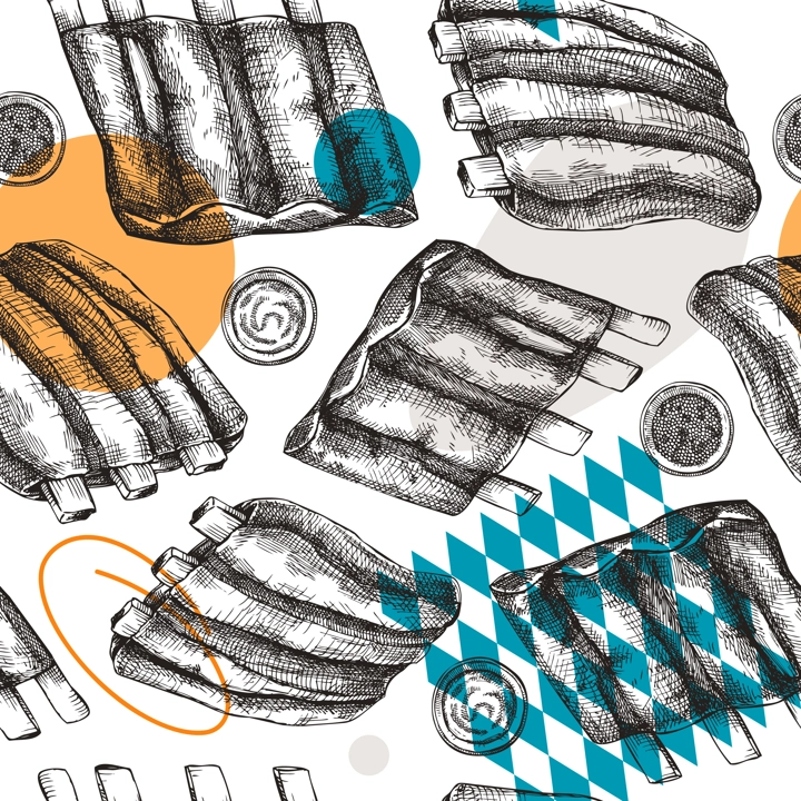 Pork ribs seamless pattern. Traditional German food sketch. Oktoberfest menu design. Hand-drawn meat background for fast food festival. German cuisine pork meal backdrop in sketched style